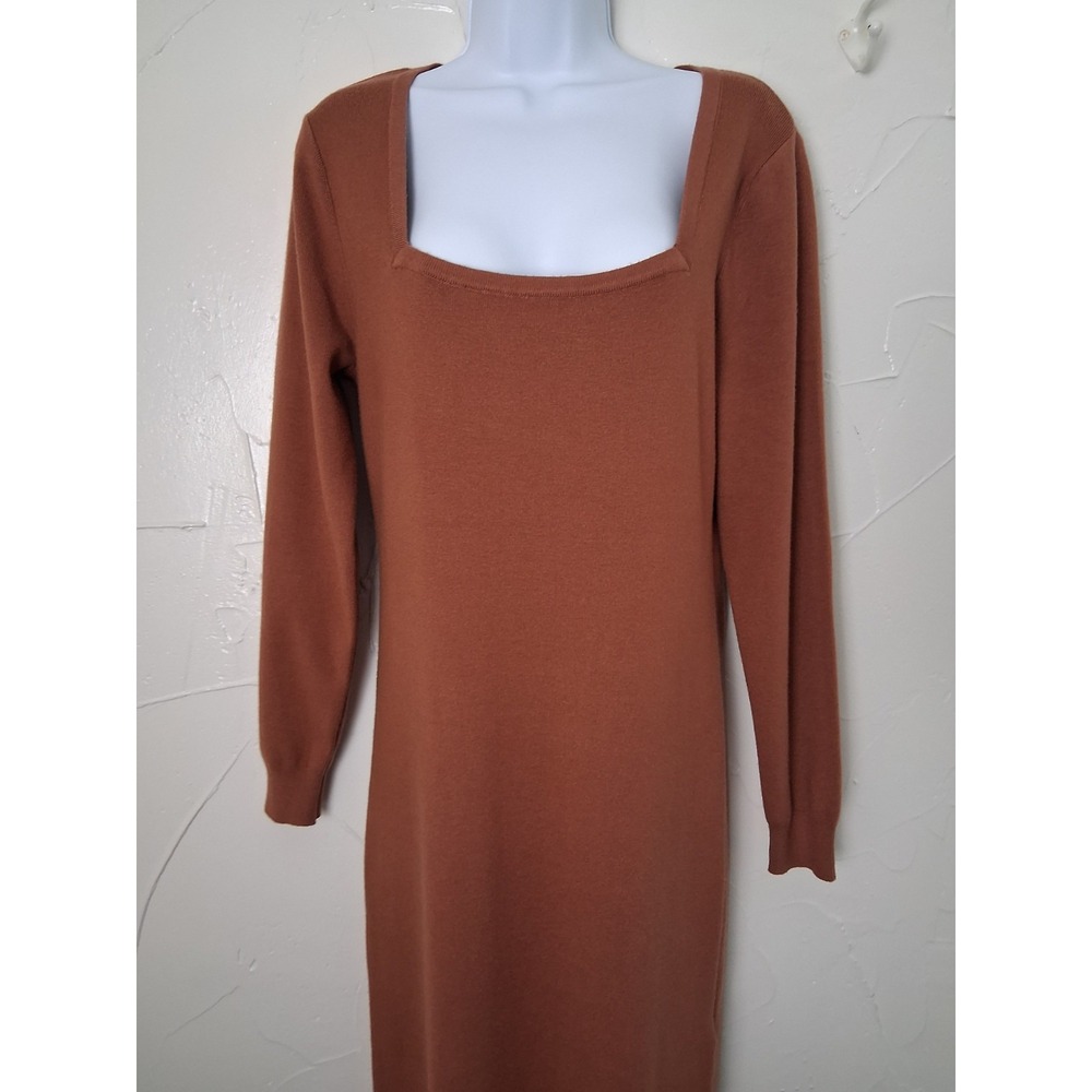 Rachel Zoe Brown Rib Knit Long Sleeve Square Neck Maxi Sweater Dress Size Large - Picture 2 of 8